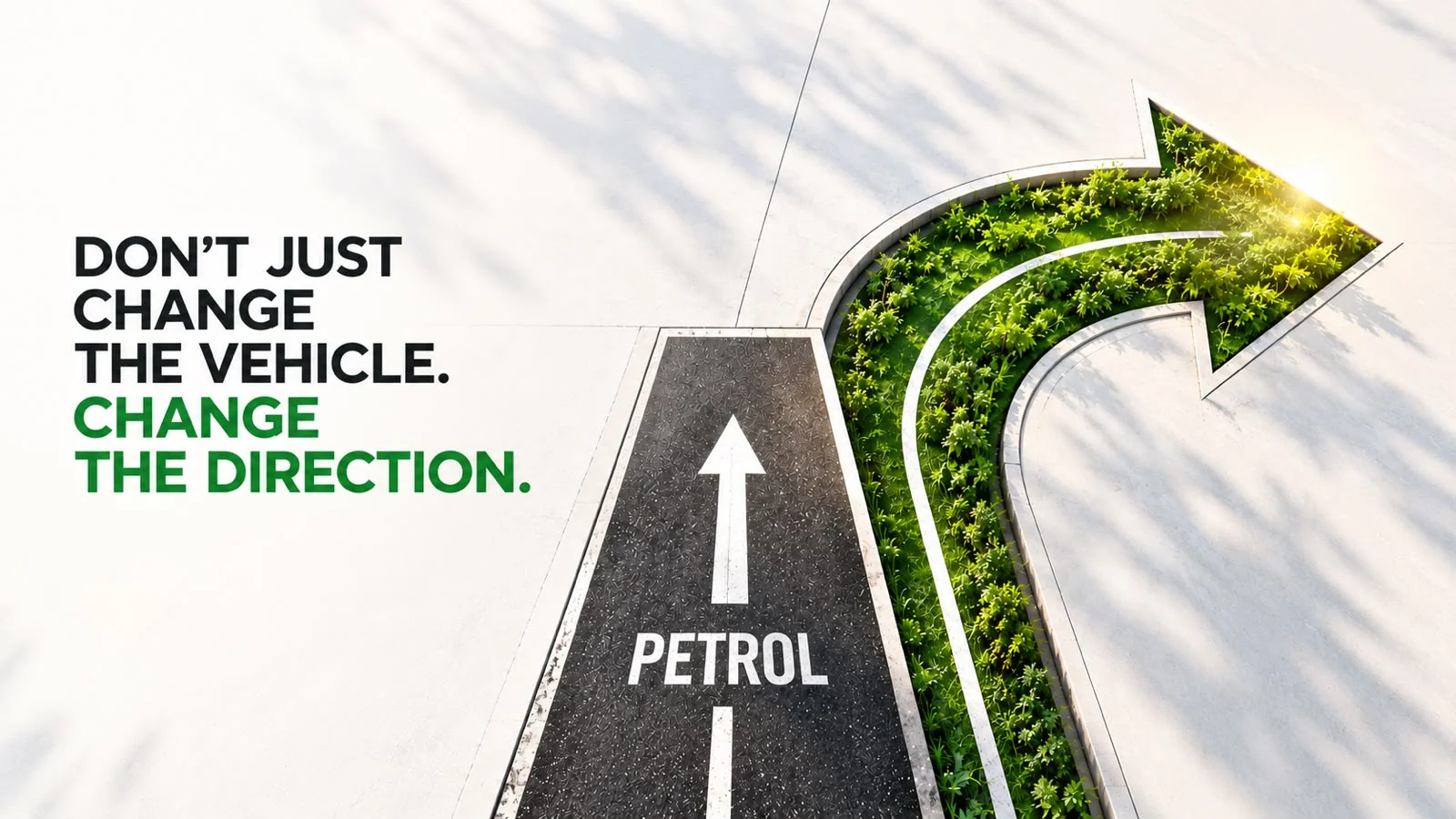 A green road turning away from a petrol route