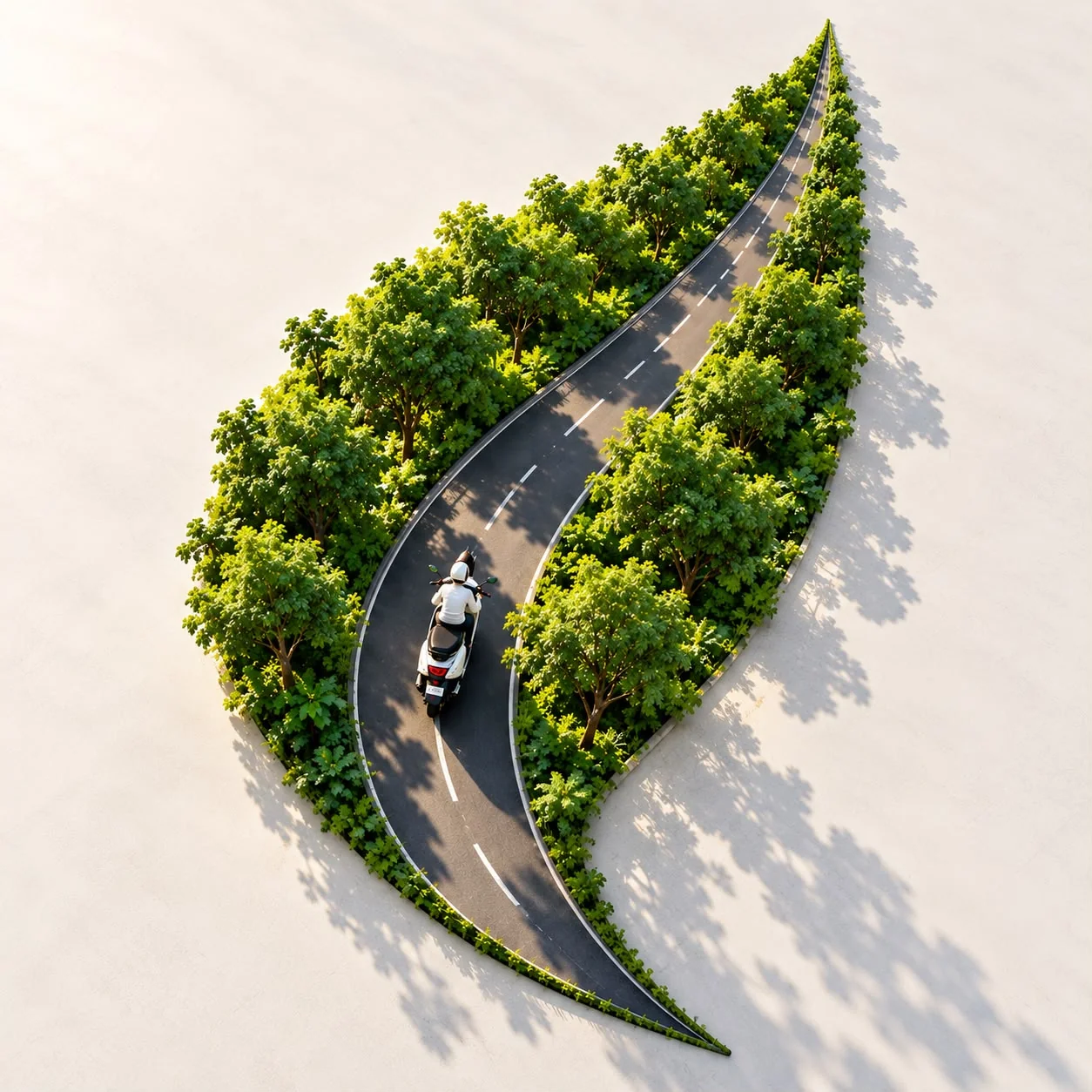 A scooter travelling along a tree-lined road